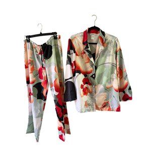 Natori Womens Exotic Poppy Two-Piece Notch Pajama Set Size L Multicolor Casual